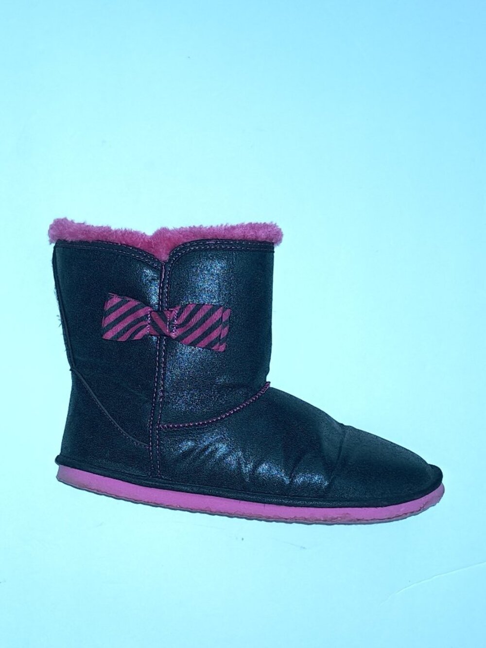 Light Weight Shiny Black Bootie Boots Pink Fur Trim Side Bow Tie